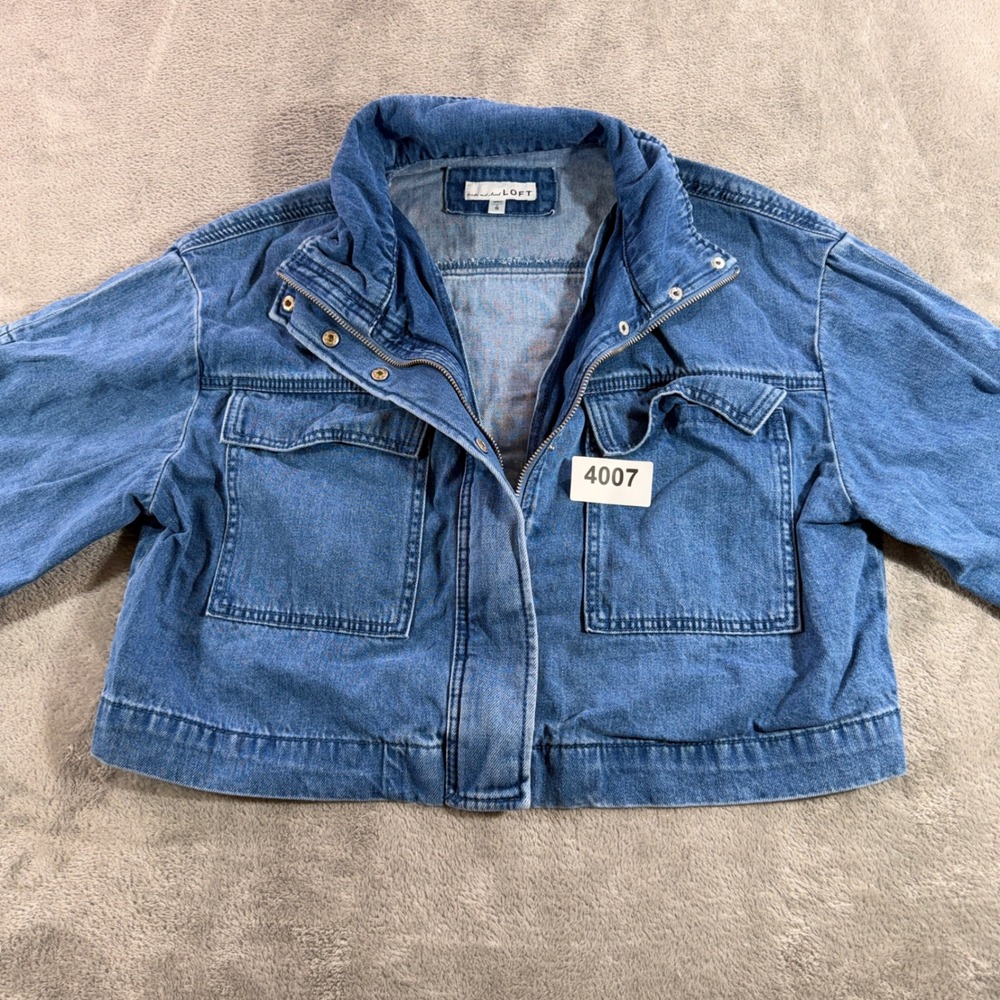 LOFT Denim Utility Jacket Womens S Small Blue Cropped Zip Up 771337